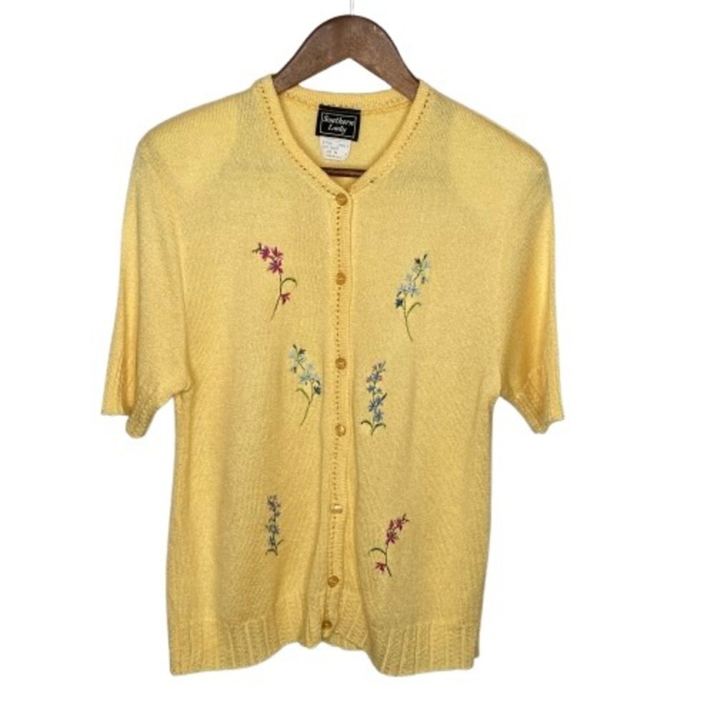 VTG Womens‎ Floral Embroidered Cardigan Sweater Size M Yellow Cottagecore Retro